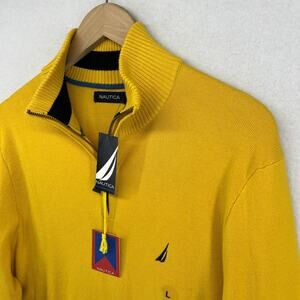 NAUTICA Sweater Mens L 1/4 Zip Mock Neck Jumper Pullover Cotton Yellow NEW